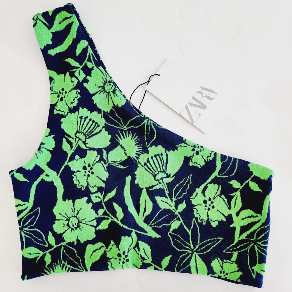 Zara Womens One Shoulder Floral Navy Green Crop Top  Size M NEW Style 5039/687